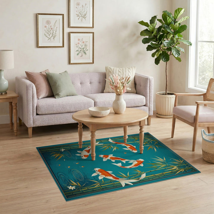 Teal Koi Fish Bamboo Pond Area Rug