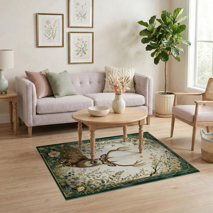Vintage Buck Deer Floral Area Rug