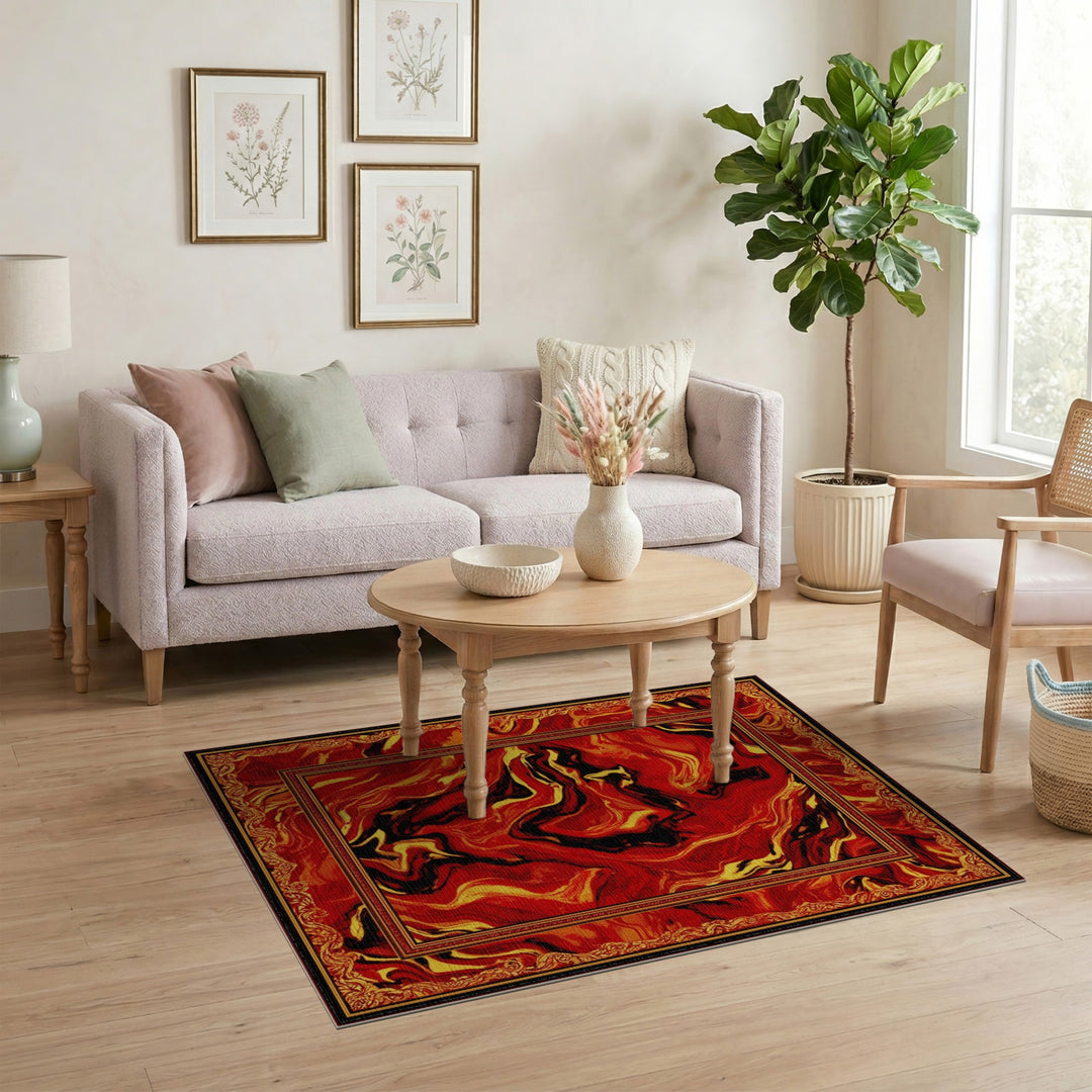 Red Abstract Marble Area Rug with Gold Border