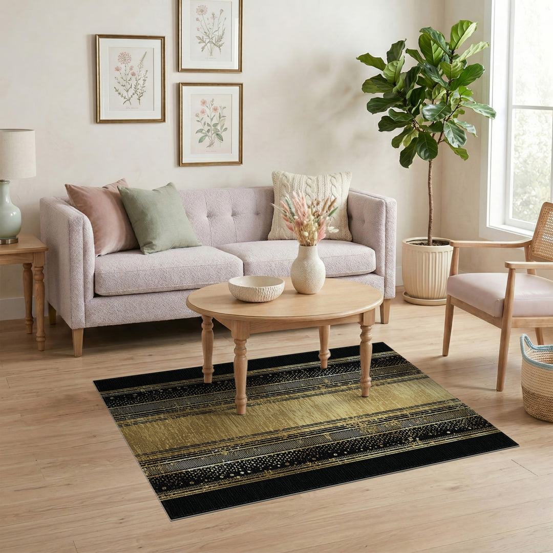 Gold and Silver Black Gold Geometric Striped Area Rug