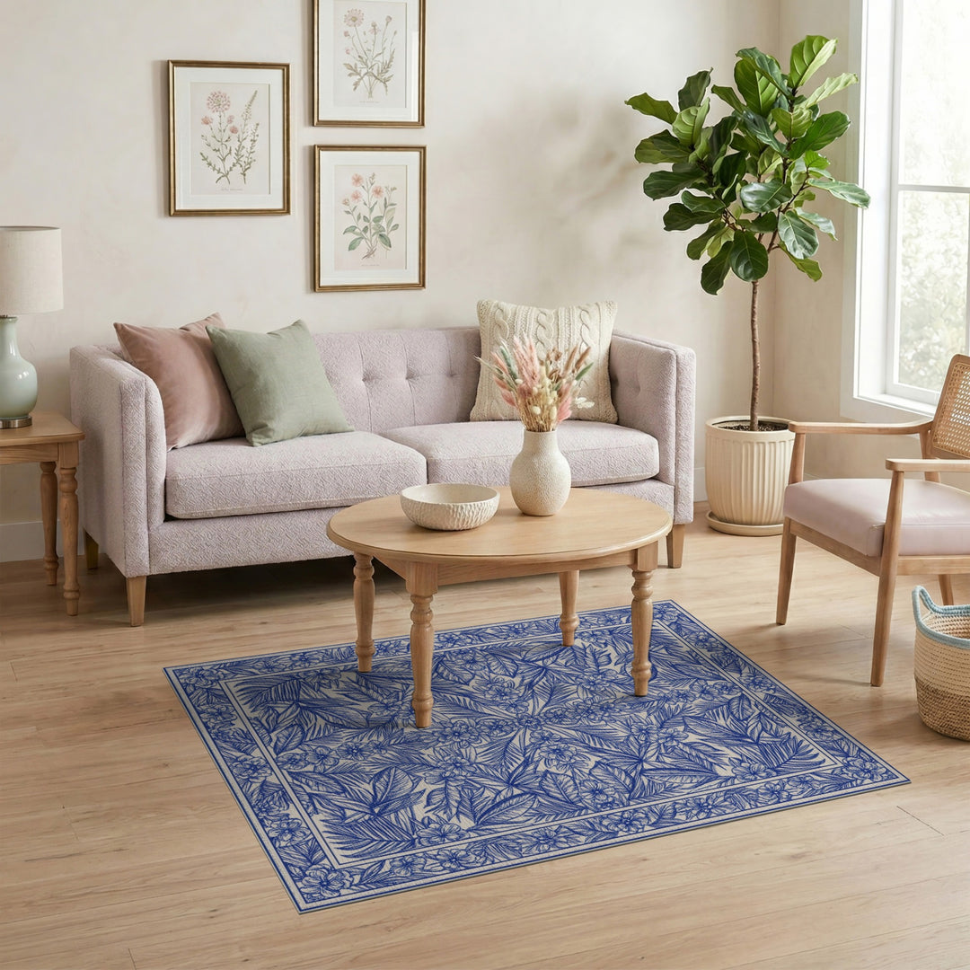 Blue Floral Vintage Washable Area Rug