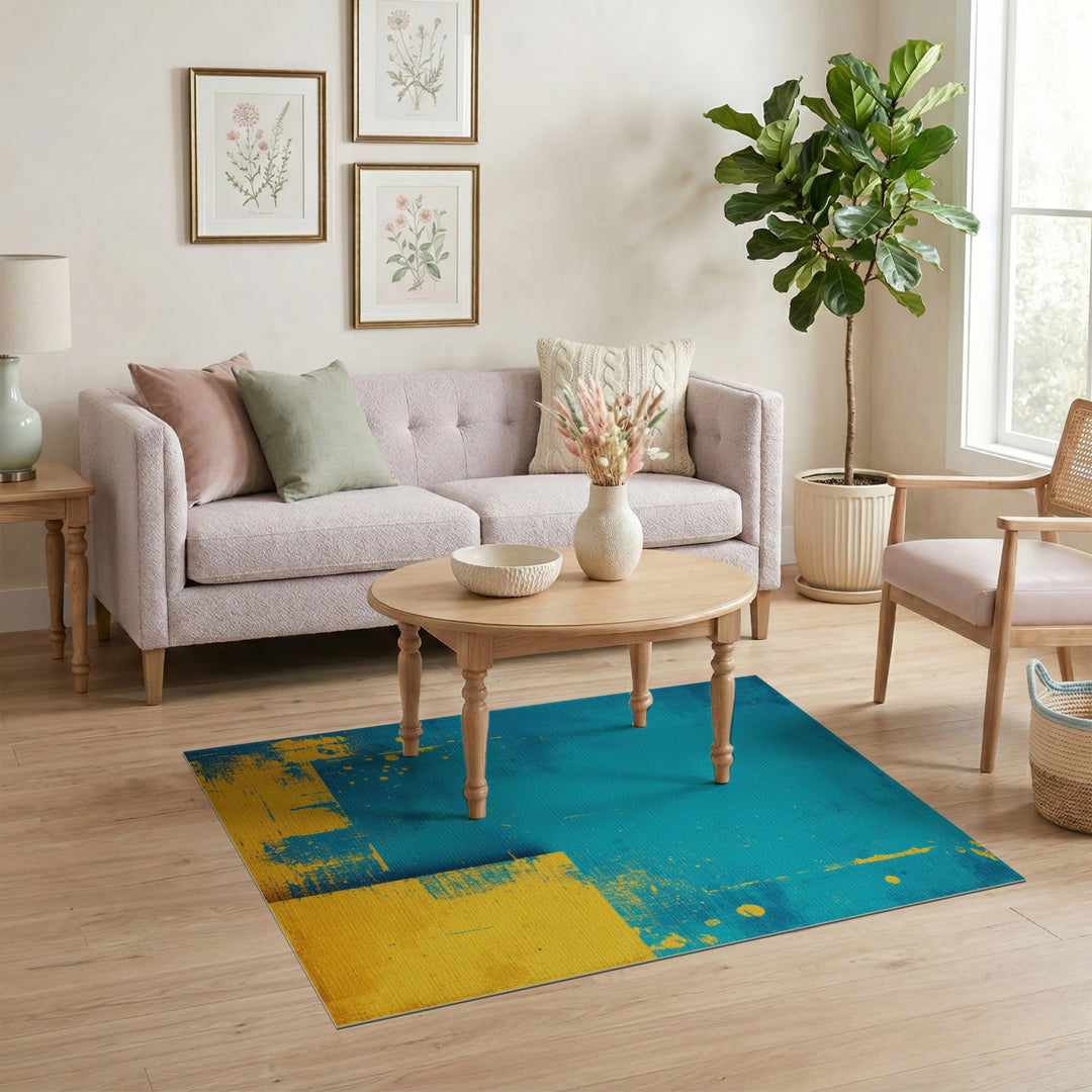 Teal Abstract Yellow Block Area Rug