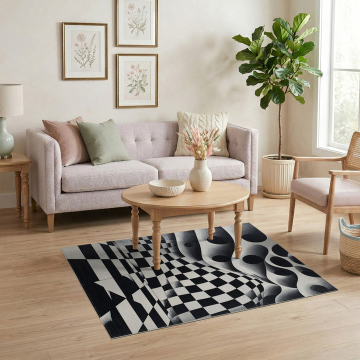 Black White Optical Illusion Checkered Area Rug