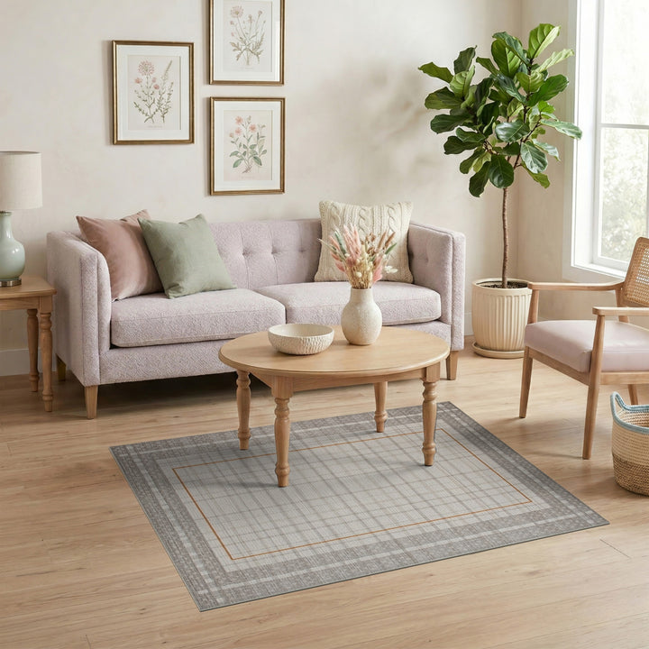 Neutral Grid Plaid Area Rug with Orange Border