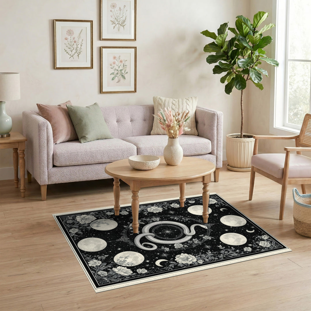 Black White Celestial Serpent Floral Rug