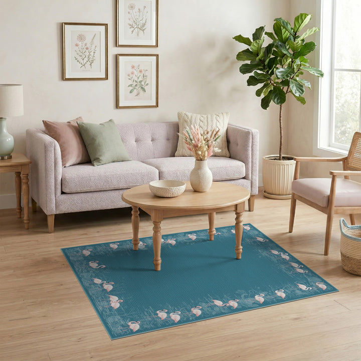 Pink Flamingo Teal Border Washable Area Rug