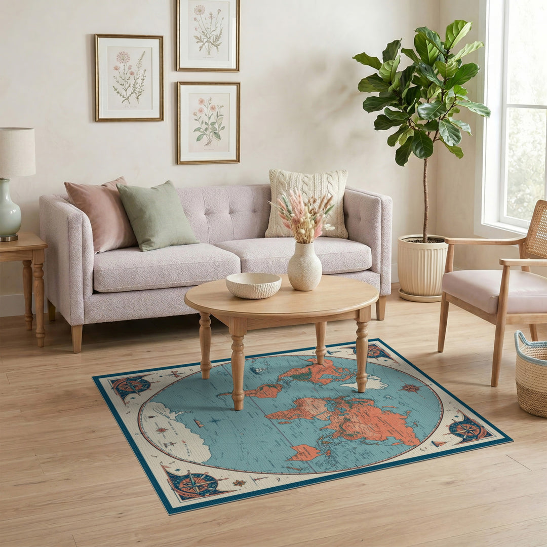 Vintage Circular World Map Area Rug