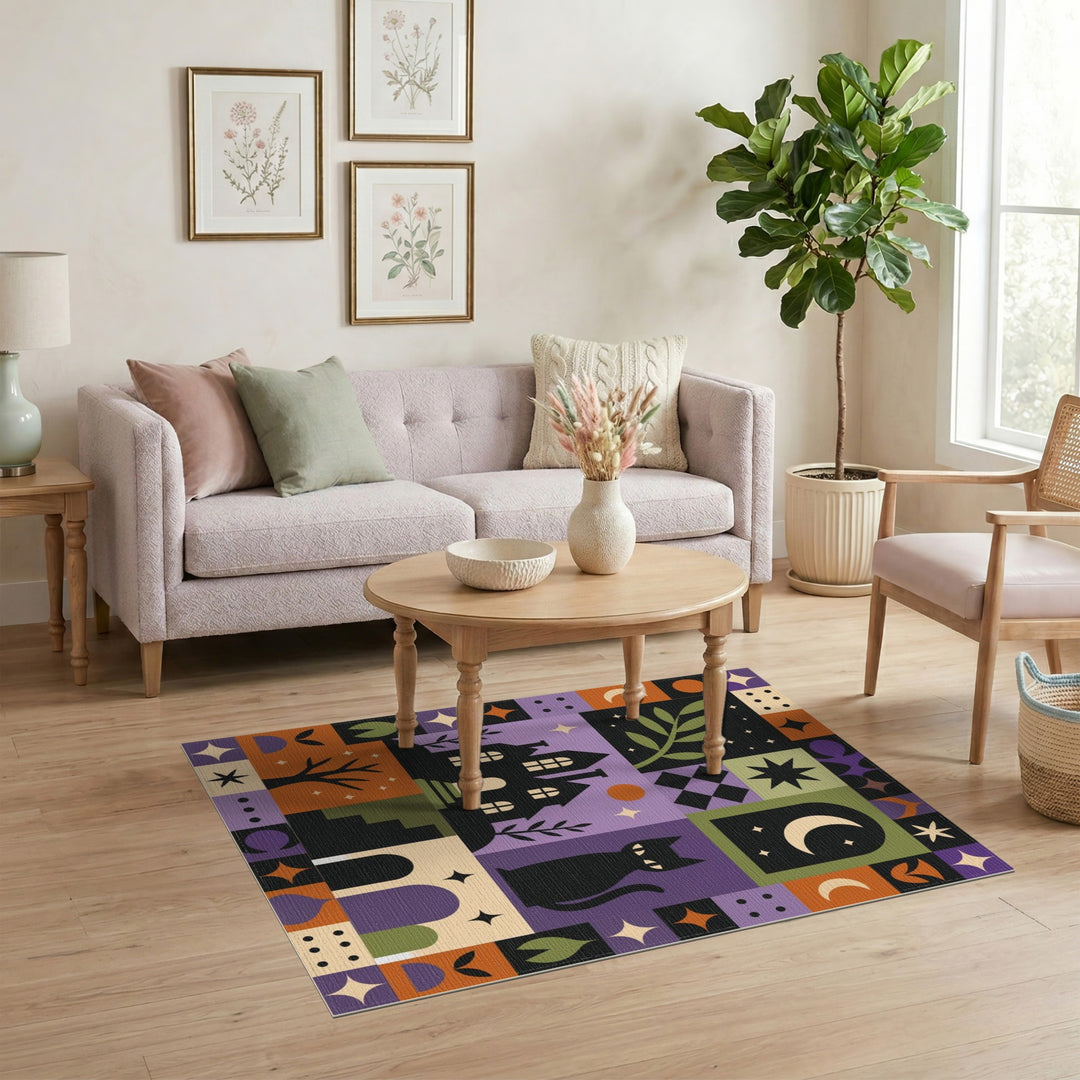 Black Cat Patchwork Geometric Area Rug