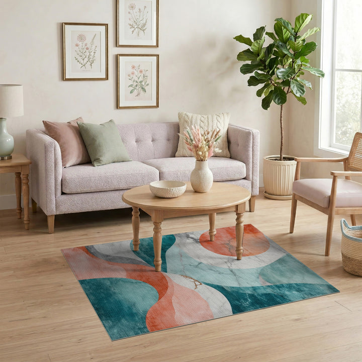 Abstract Teal Coral Marble Area Rug