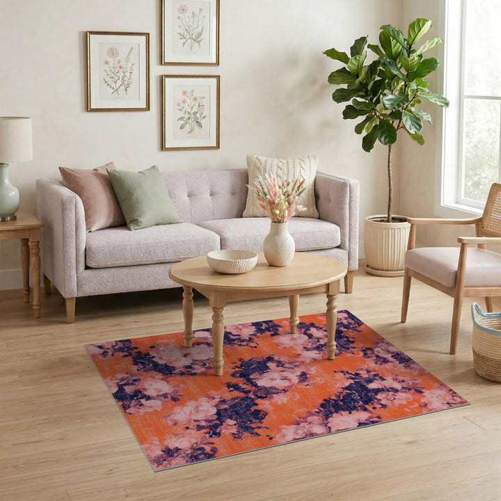 Vintage Orange Floral Washable Area Rug