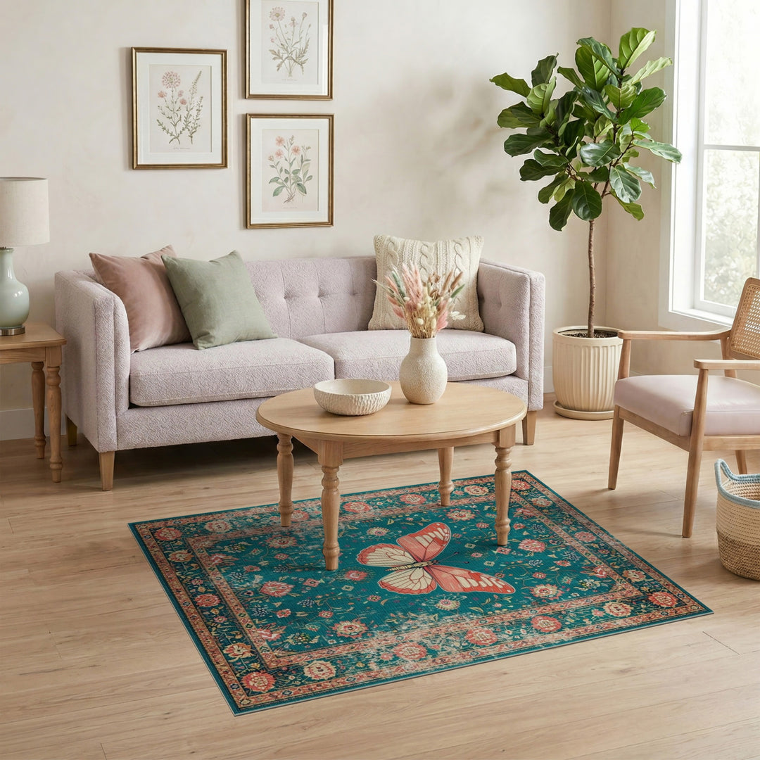 Vintage Teal Butterfly Floral Area Rug