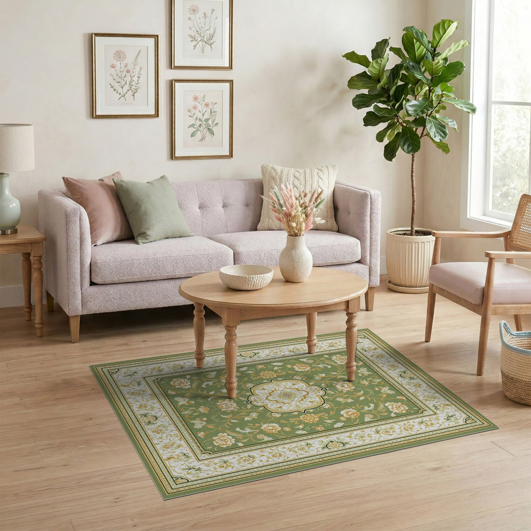 Green Floral Vintage Area Rug