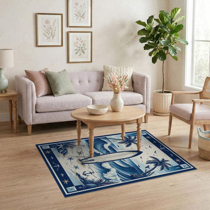 Blue Coastal Surfboard Washable Area Rug