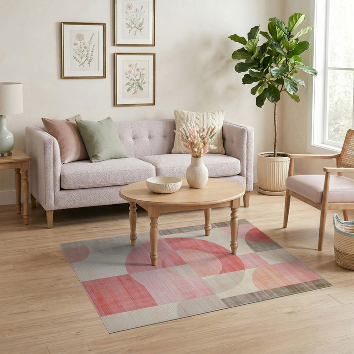 Pink Geometric Circles Area Rug