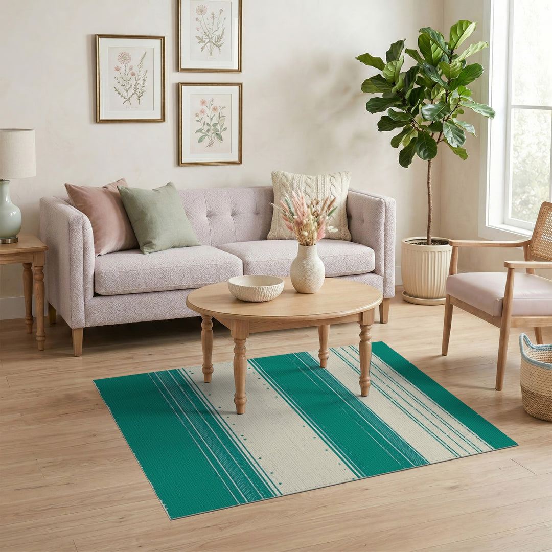 Teal Geometric Striped Washable Area Rug