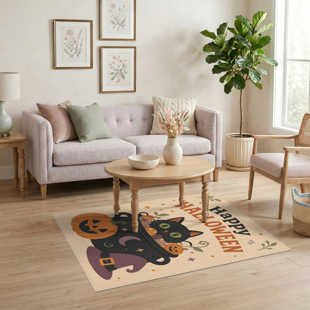 Happy Halloween Black Cat Cauldron Area Rug
