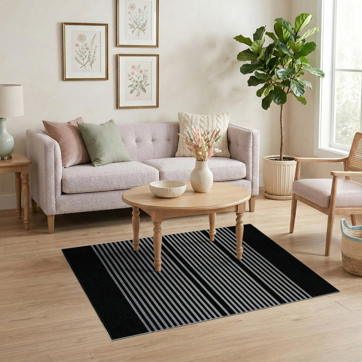 Black and Grey Striped Geometric Area Rug