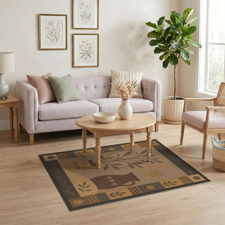 Southwestern Brown Tan Plant and Pitcher Area Rug