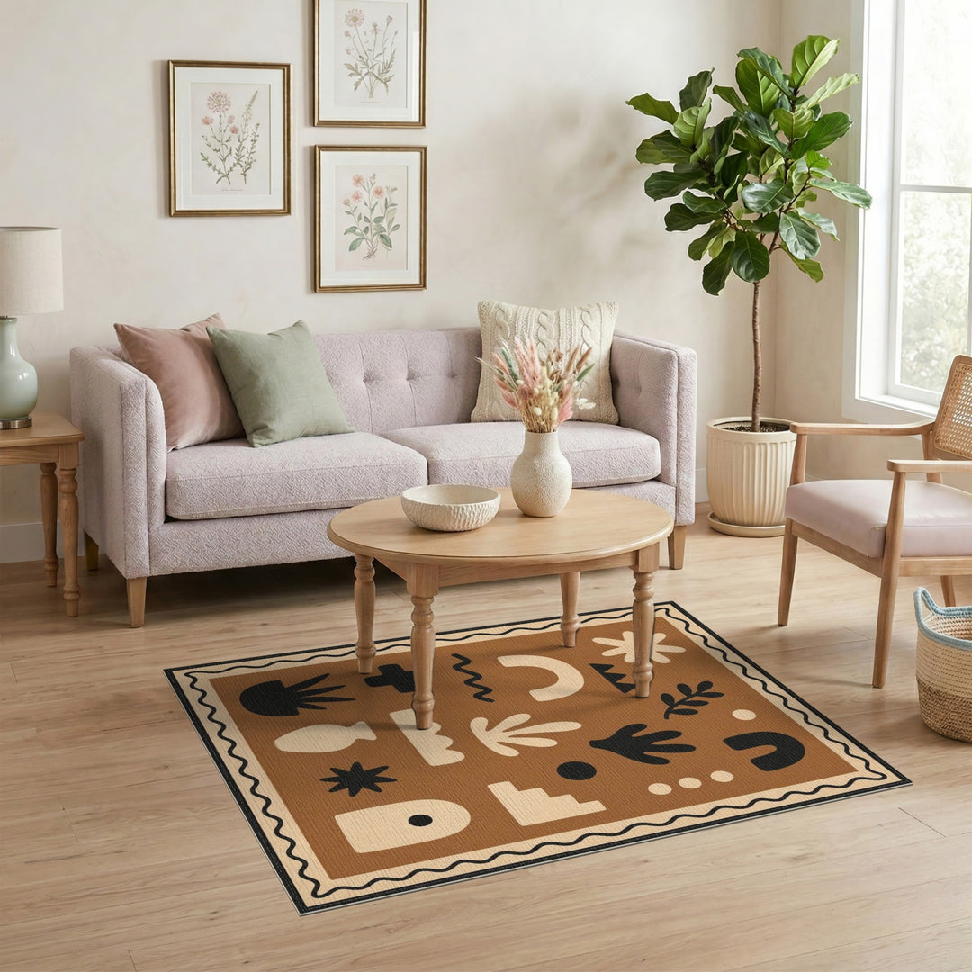 Abstract Brown Area Rug with Scalloped Border