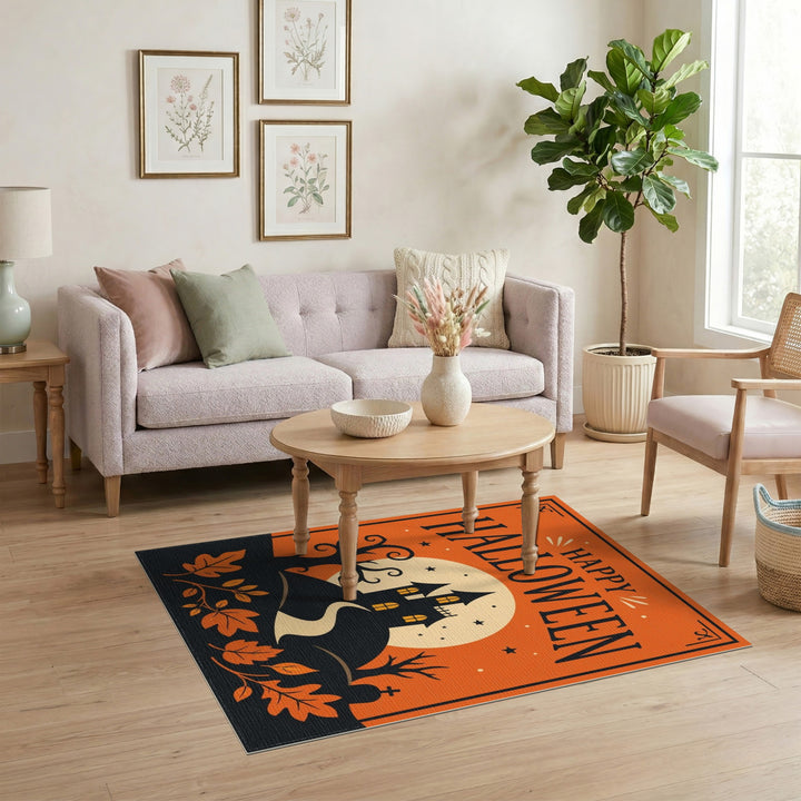 Orange Happy Halloween Haunted House Area Rug