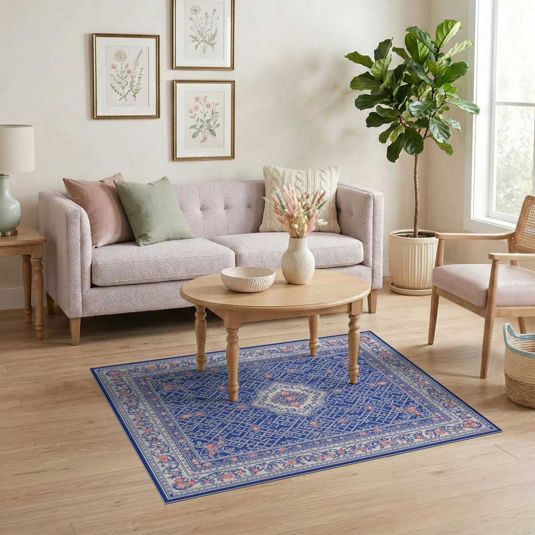 Blue Persian Floral Medallion Traditional Persian Area Rug