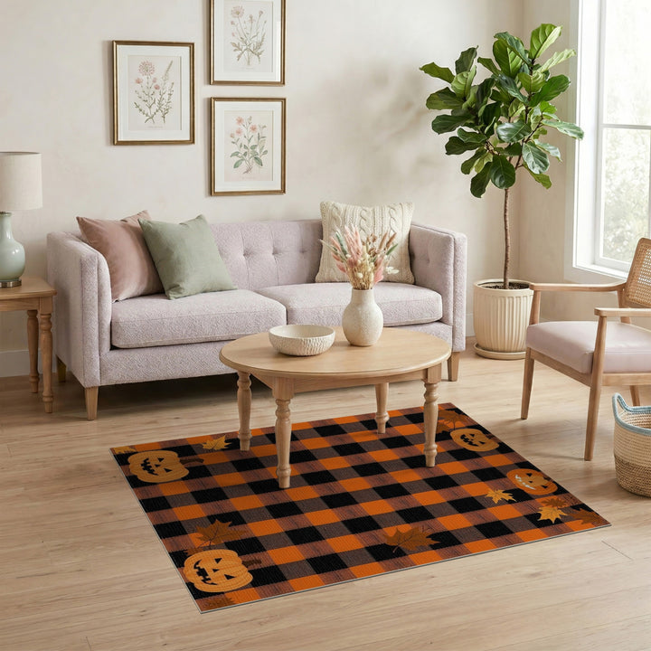 Rustic Farmhouse Orange Buffalo Check Pumpkin Area Rug