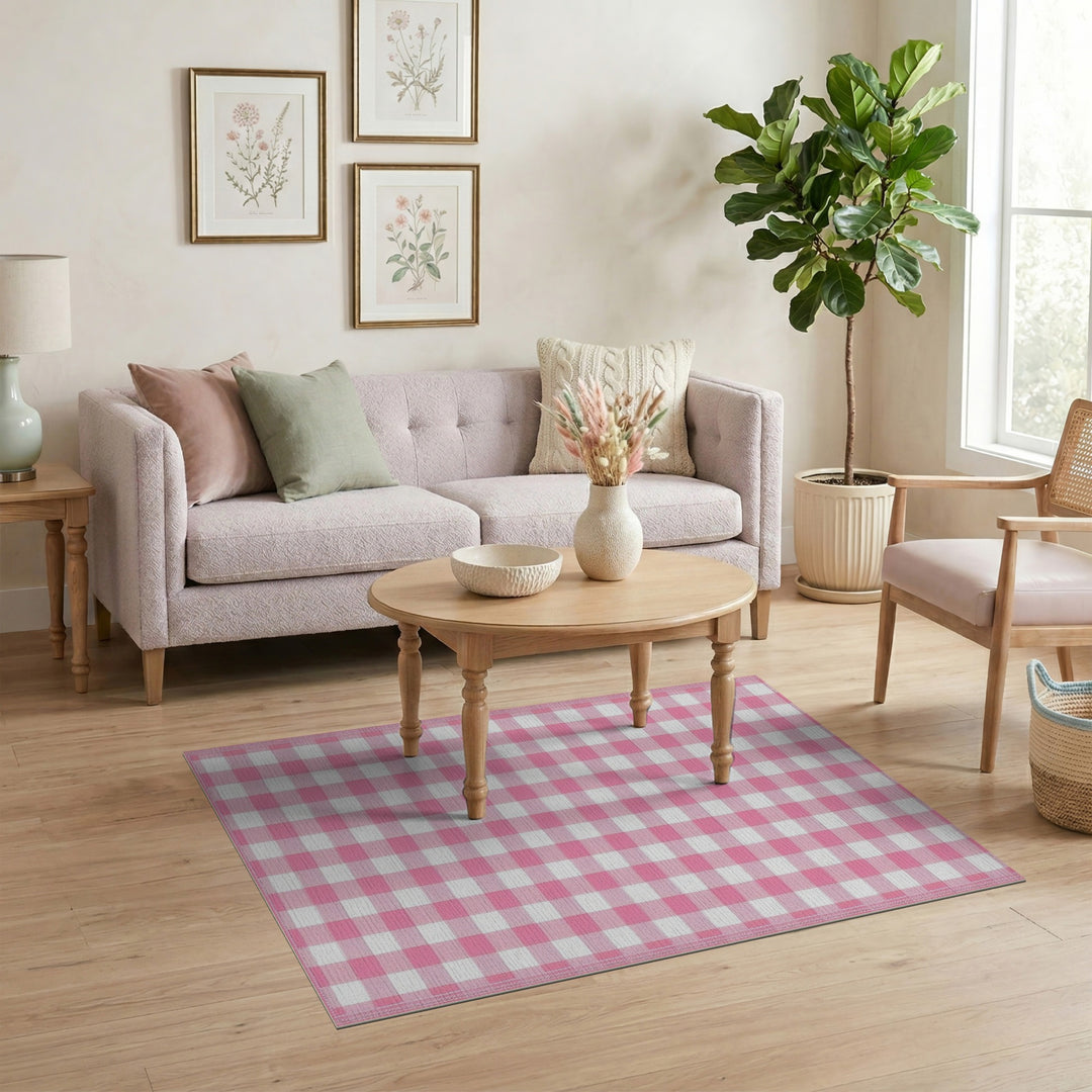 Rustic Farmhouse Pink Gingham Check Washable Area Rug
