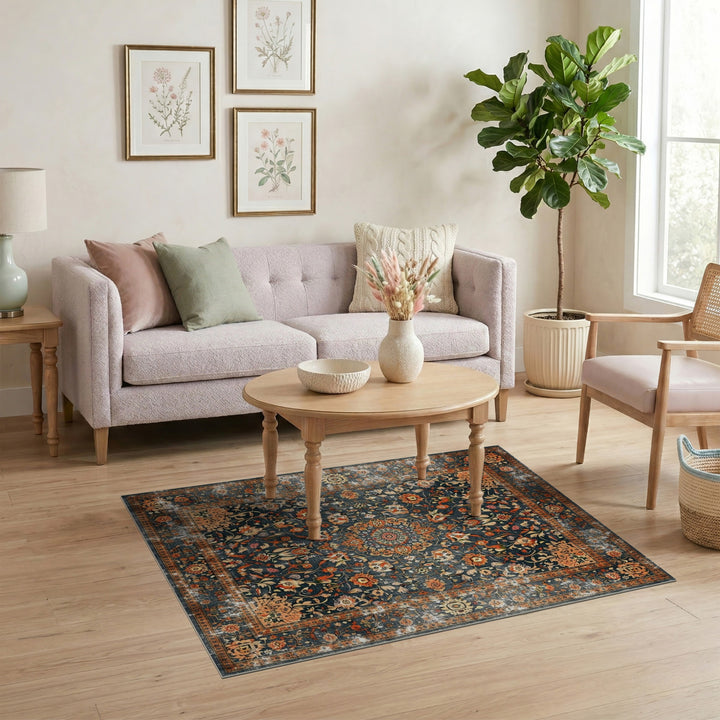 Blue Floral Distressed Vintage Rug