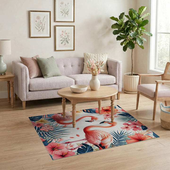 Multi-color and Patterns Pink Flamingo Hibiscus Washable Area Rug