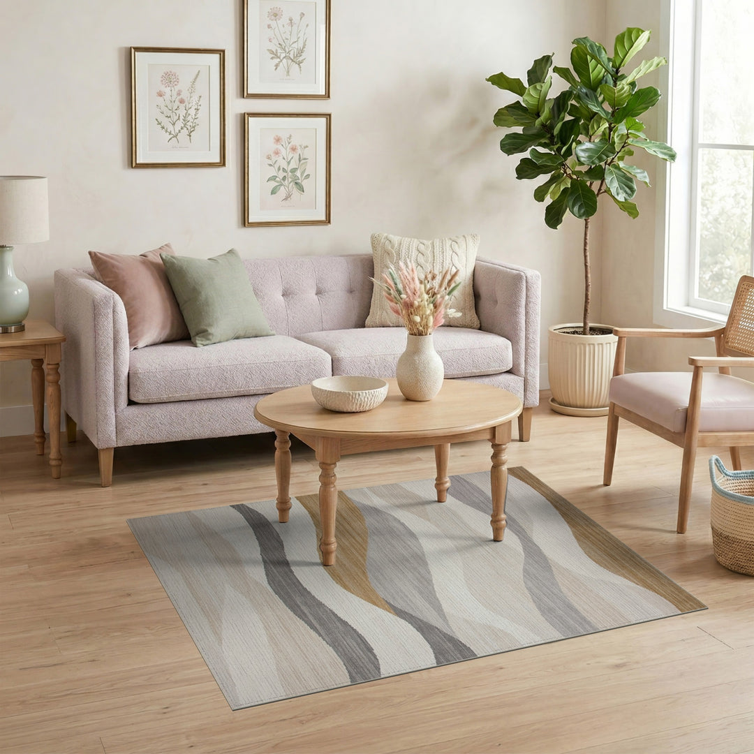 Wave Abstract Wave Beige Neutral Area Rug