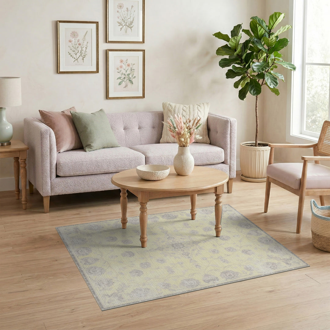 Pale Yellow Grey Floral Vintage Area Rug