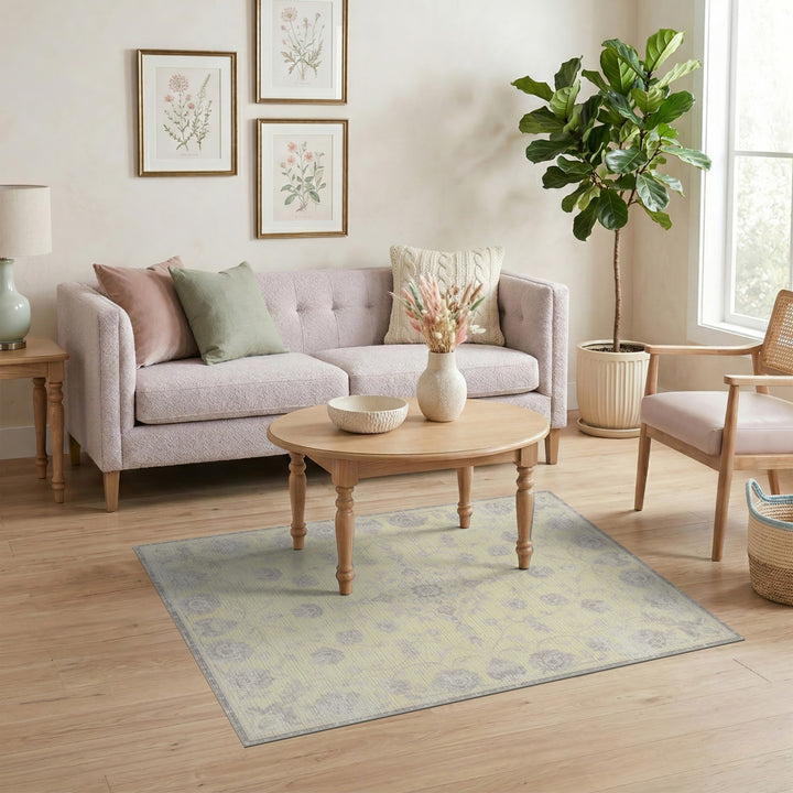 Pale Yellow Grey Floral Vintage Area Rug