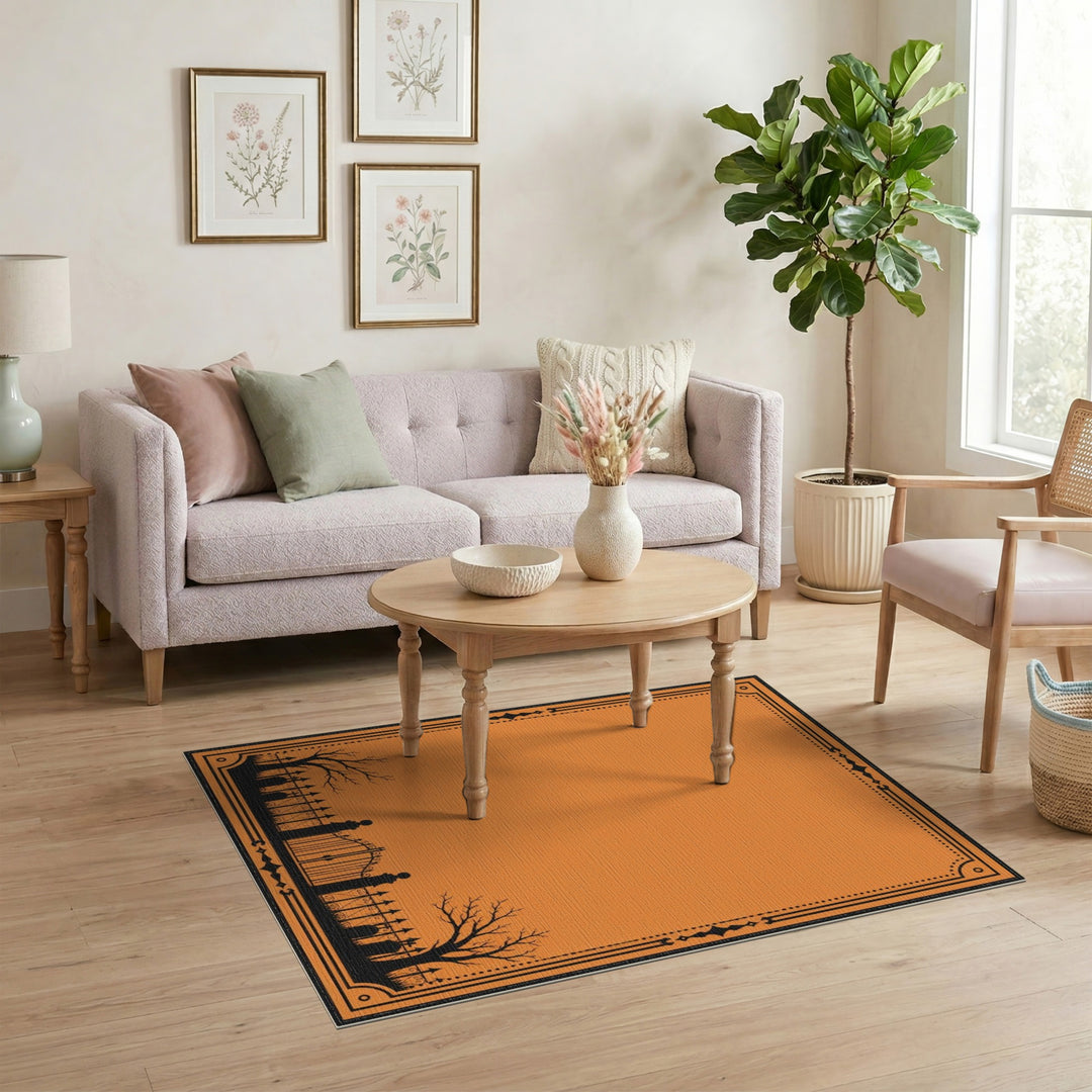 Orange Graveyard Gate Silhouette Area Rug