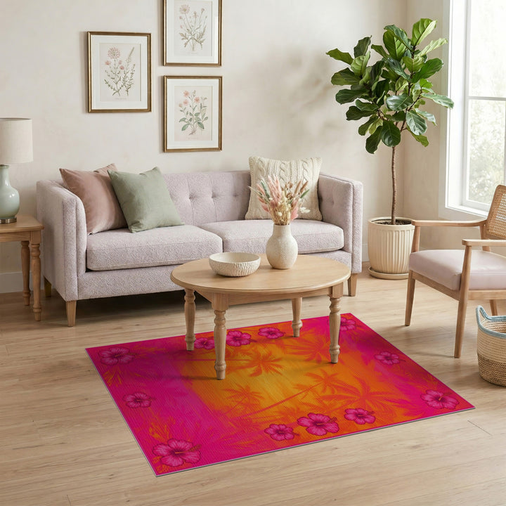 Pink Hibiscus Sunset Palm Area Rug