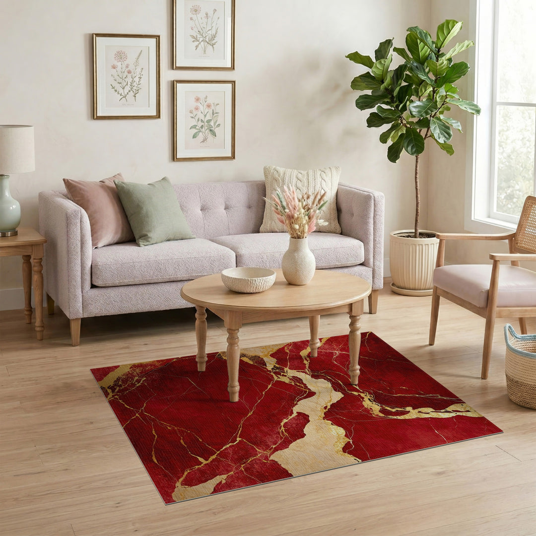 Red Marble Gold Vein Abstract Area Rug