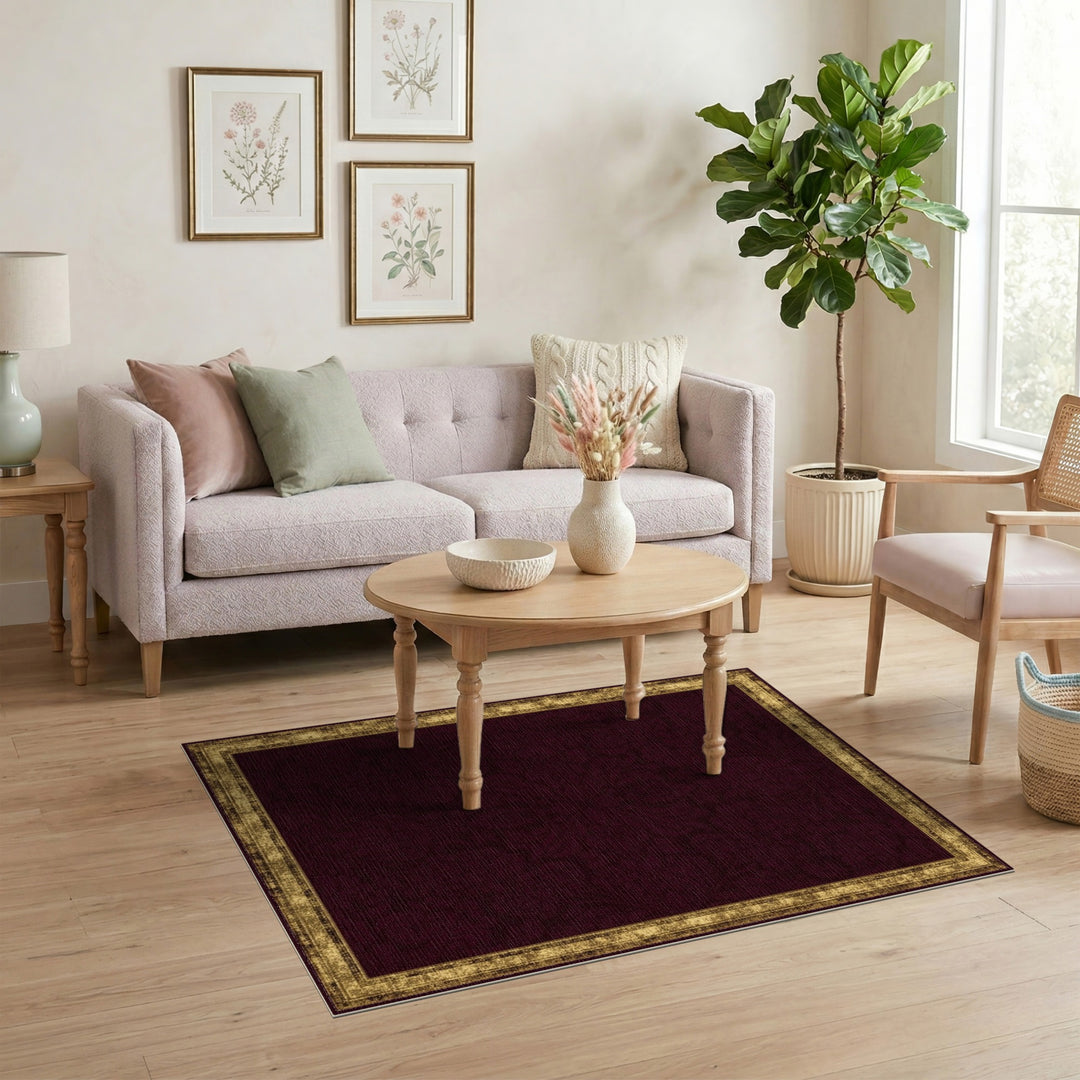 Red Damask Area Rug with Distressed Gold Border