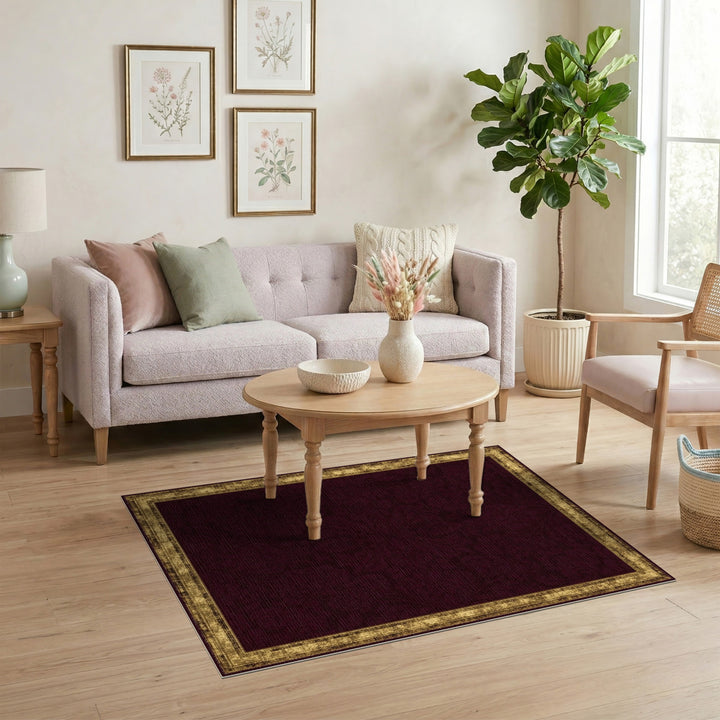 Red Damask Area Rug with Distressed Gold Border