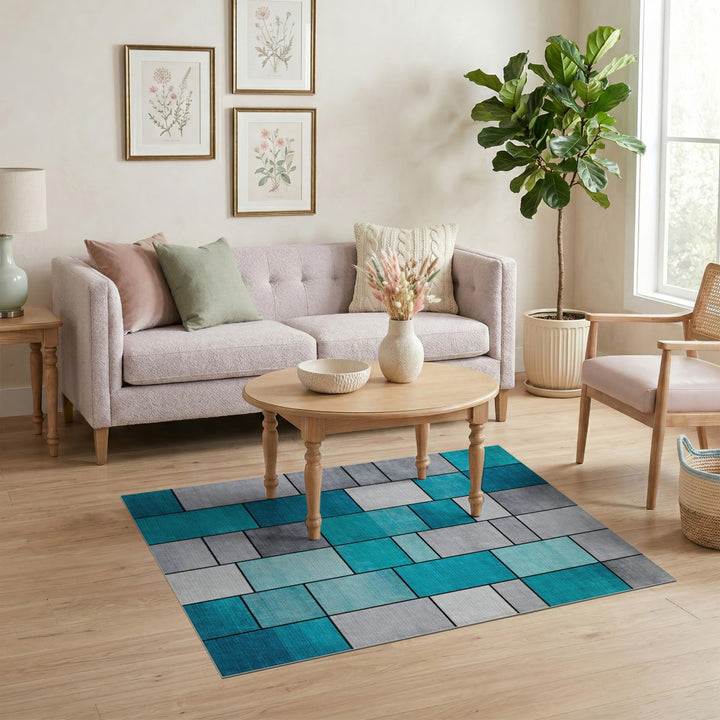 Geometric Teal Block Area Rug