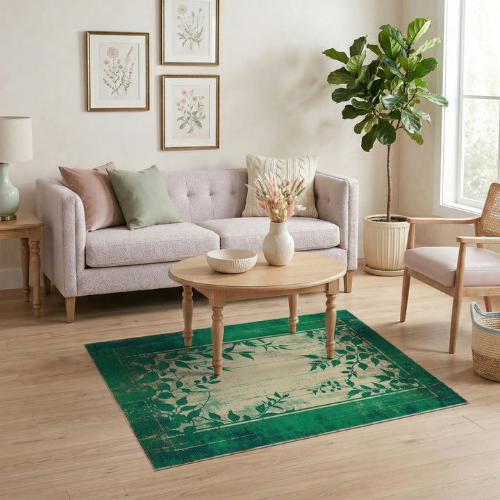 Distressed Vintage Green Distressed Vintage Leaf Area Rug