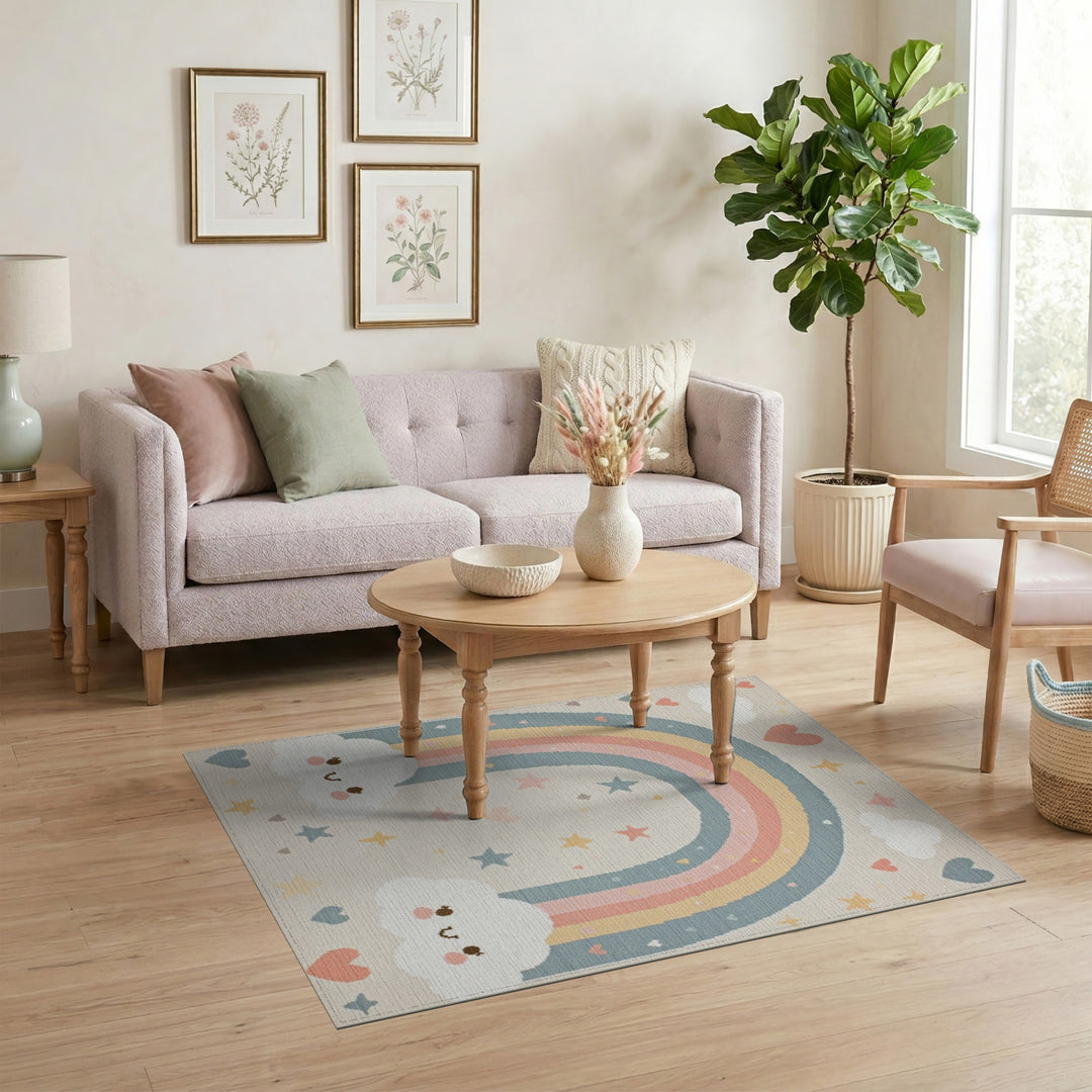 Pastel Rainbow Smiling Clouds Kids Area Rug