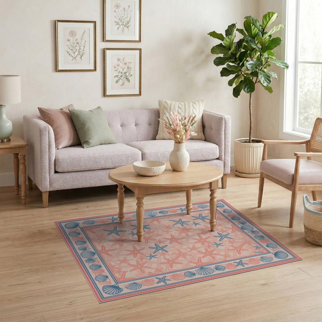 Blue Coastal Seashell and Starfish Area Rug