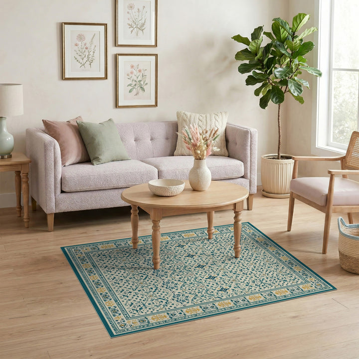Teal Persian Area Rug with Gold Accents