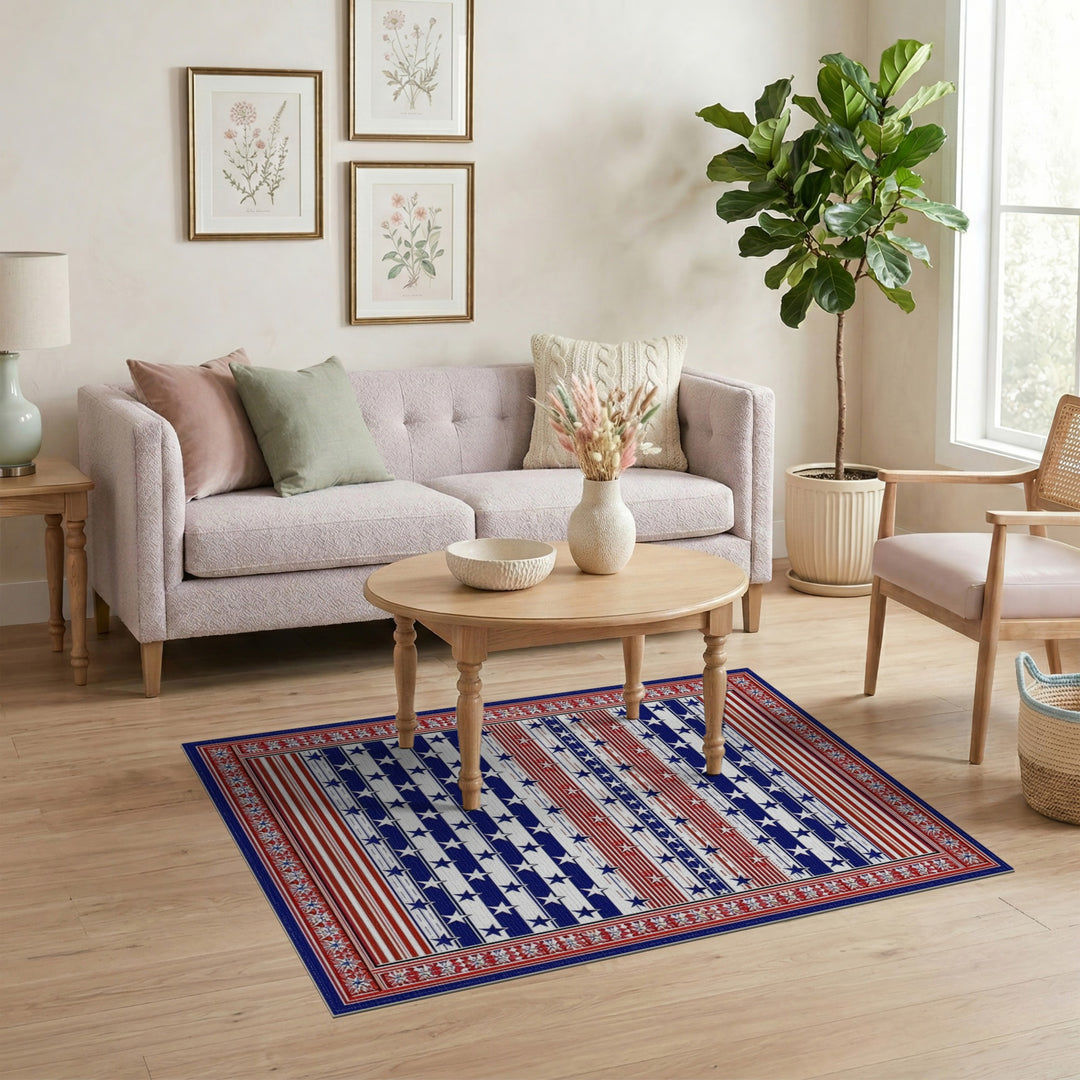 Multi-color and Patterns Patriotic Stars and Stripes Washable Area Rug