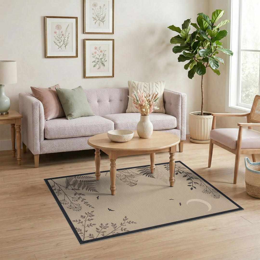 Boho Chic Beige Moon Birds Fern Area Rug