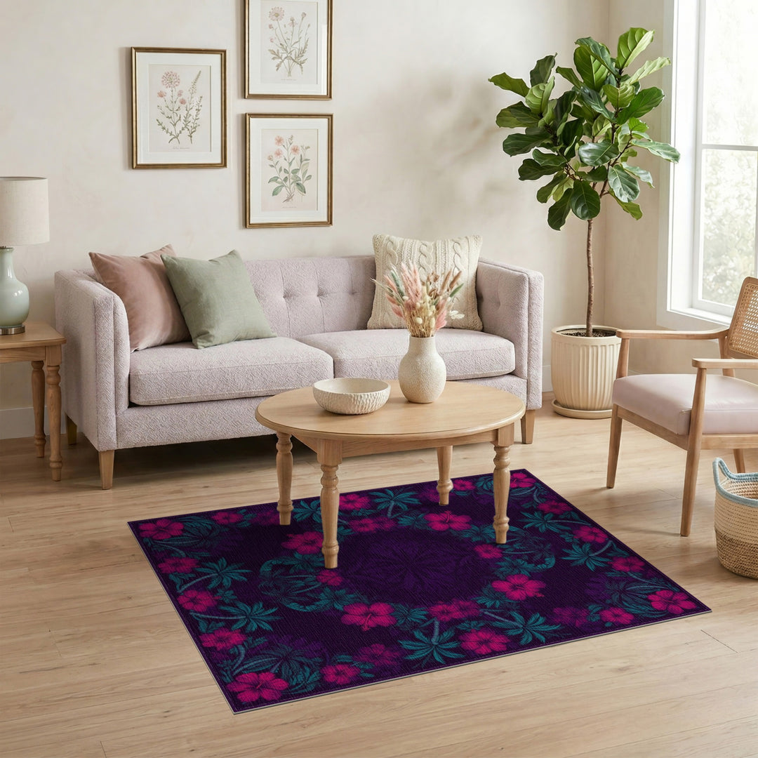 Purple Hibiscus Floral Medallion Area Rug