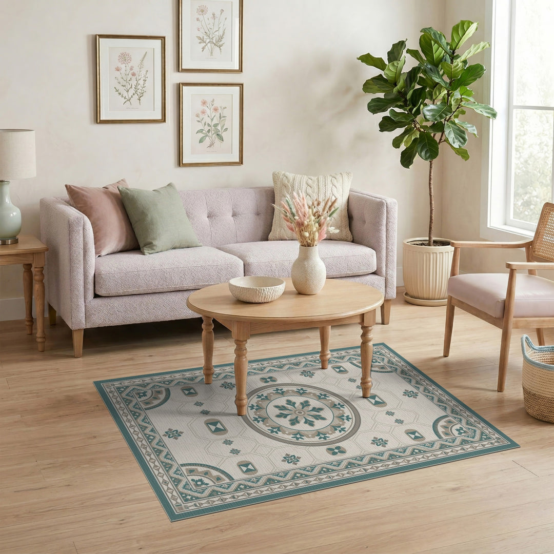 Teal Geometric Medallion Washable Area Rug