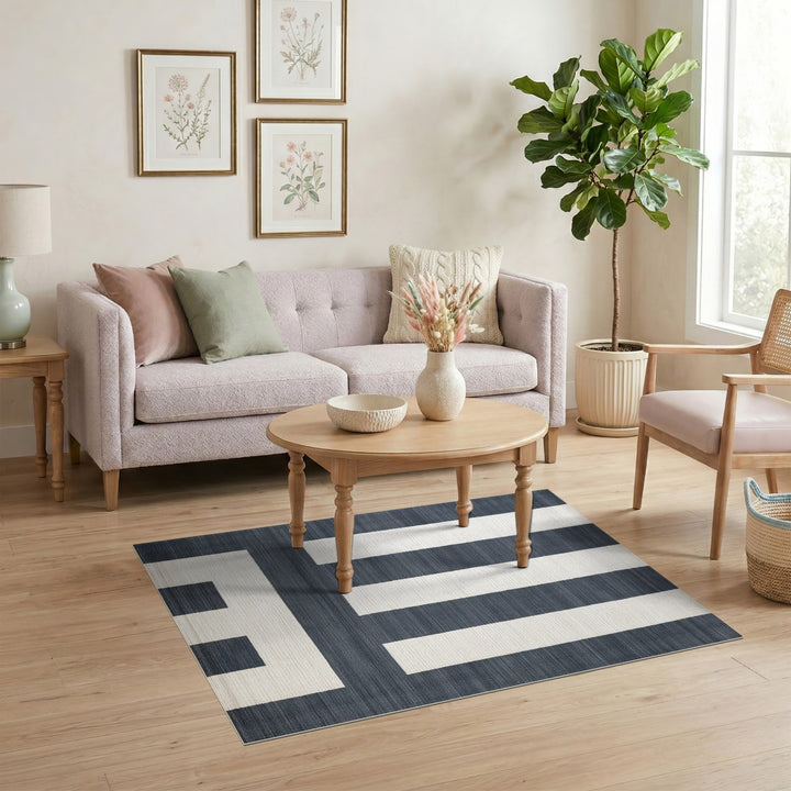 Navy Striped Geometric Washable Area Rug
