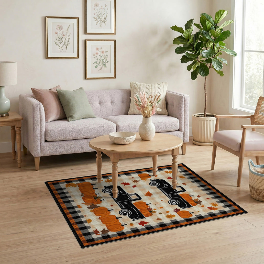 Autumn Pumpkin Truck Orange Plaid Area Rug