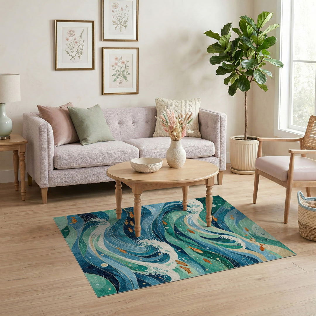 Blue Teal Ocean Wave Fish Area Rug