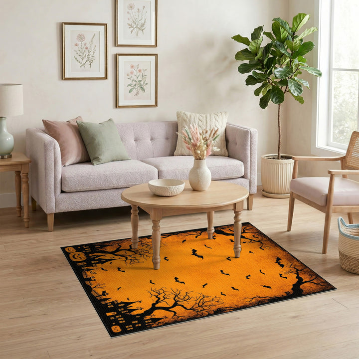 Halloween Bats Haunted House Orange Area Rug